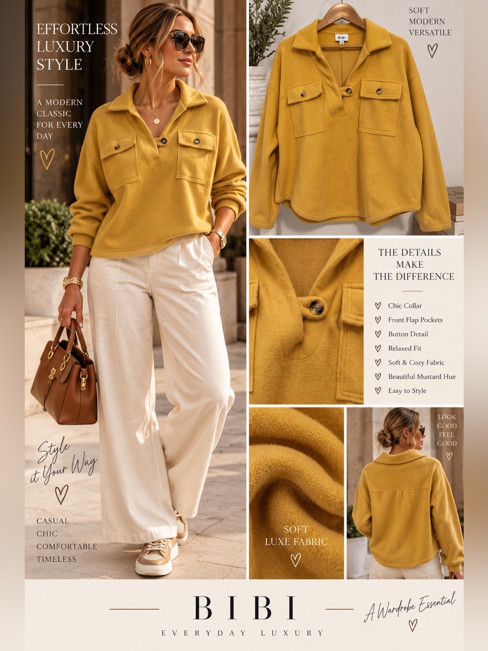 BiBi Mustard Button-Detail Pullover with Chest Flap Pockets
